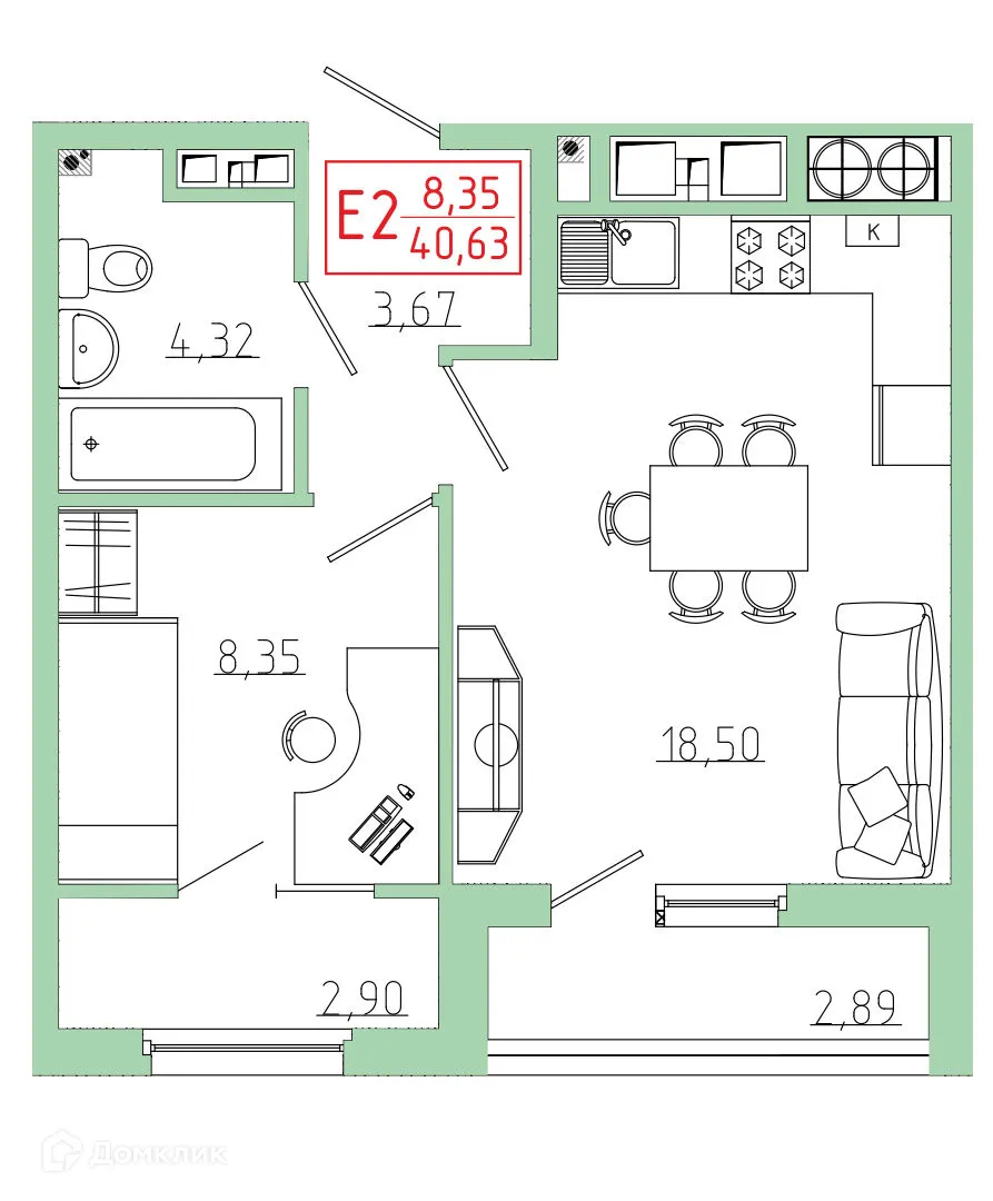 Планировка 1-комнатной квартиры 40.63 м² в ЖК Бульвар оптимистов, г. Дядьково — фото 1