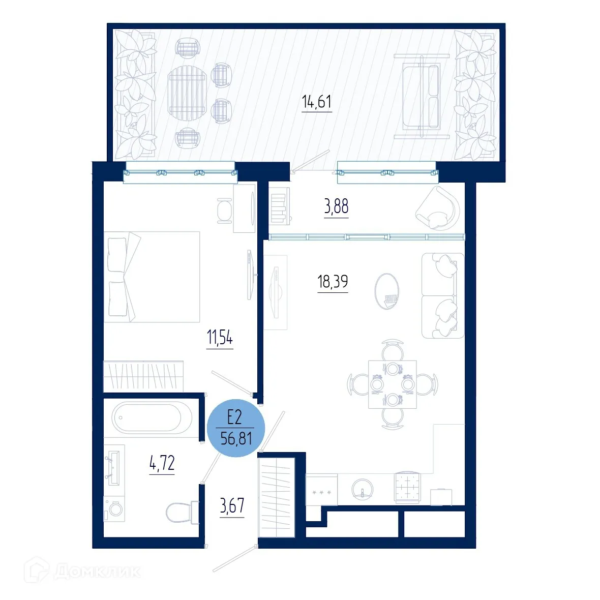Планировка 1-комнатной квартиры 56.81 м² в ЖК Бульвар оптимистов, г. Дядьково — фото 1