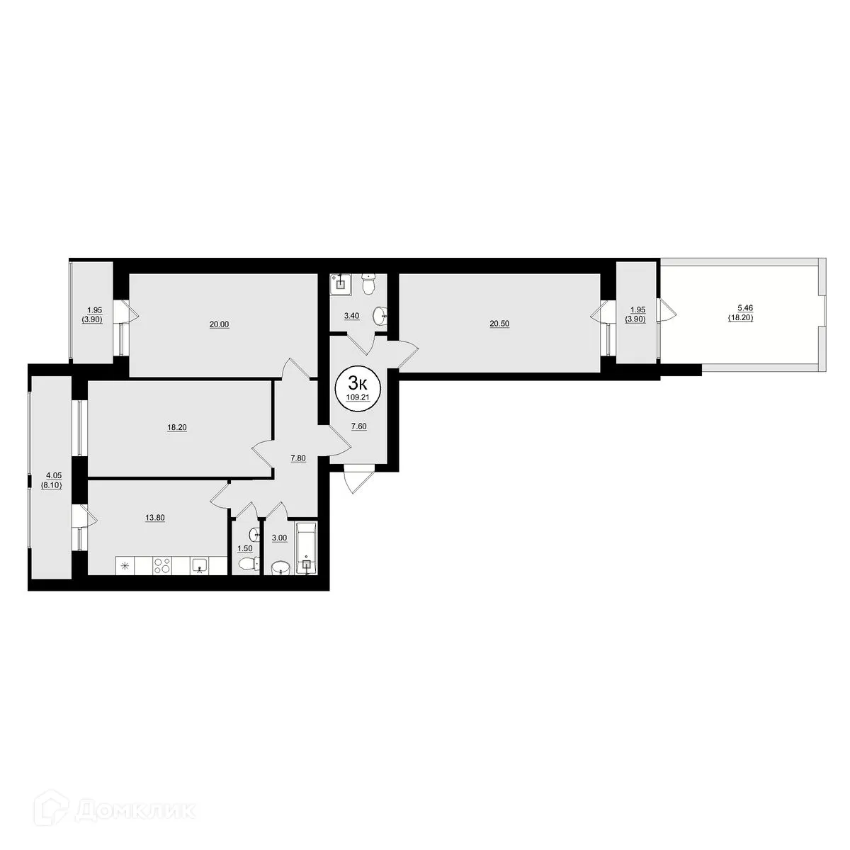 Планировка 3-комнатной квартиры 109.21 м² в ЖК КУЛЬТУРА, г. Самара — фото 1