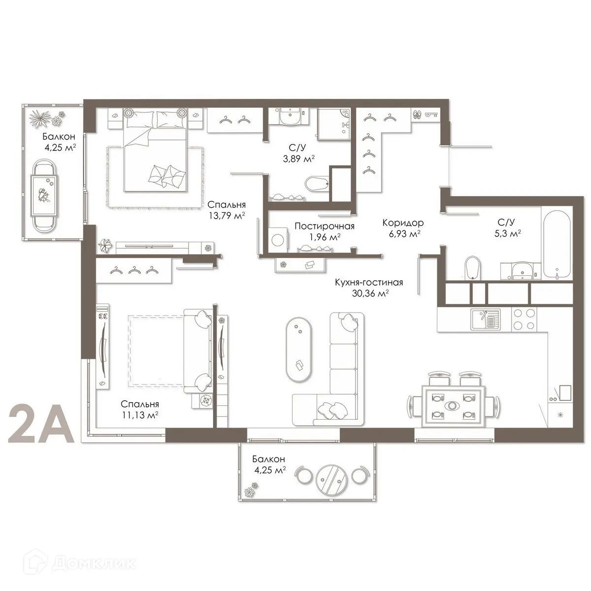 Планировка 2-комнатной квартиры 74.57 м² в ЖК Правый берег, г. Дядьково — фото 2