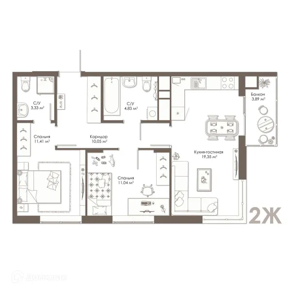 Планировка 2 комн. в ЖК Правый берег