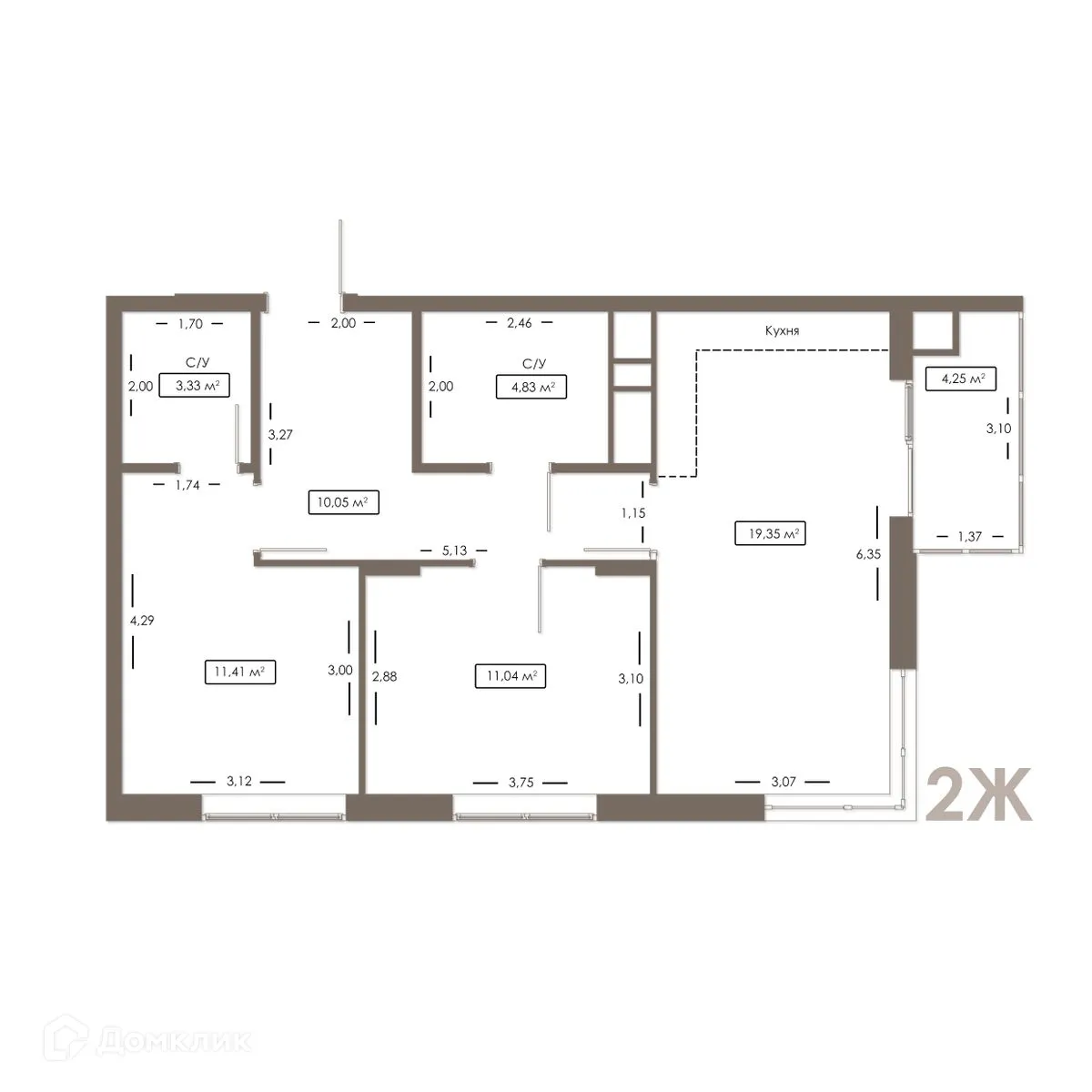 Планировка 2-комнатной квартиры 61.13 м² в ЖК Правый берег, г. Дядьково — фото 8