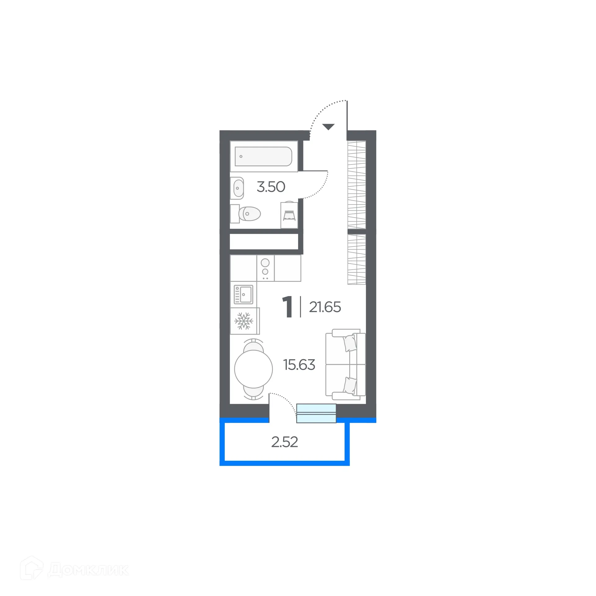 Планировка студии квартиры 21.65 м² в ЖК Шереметьевский квартал, г. Дядьково — фото 1