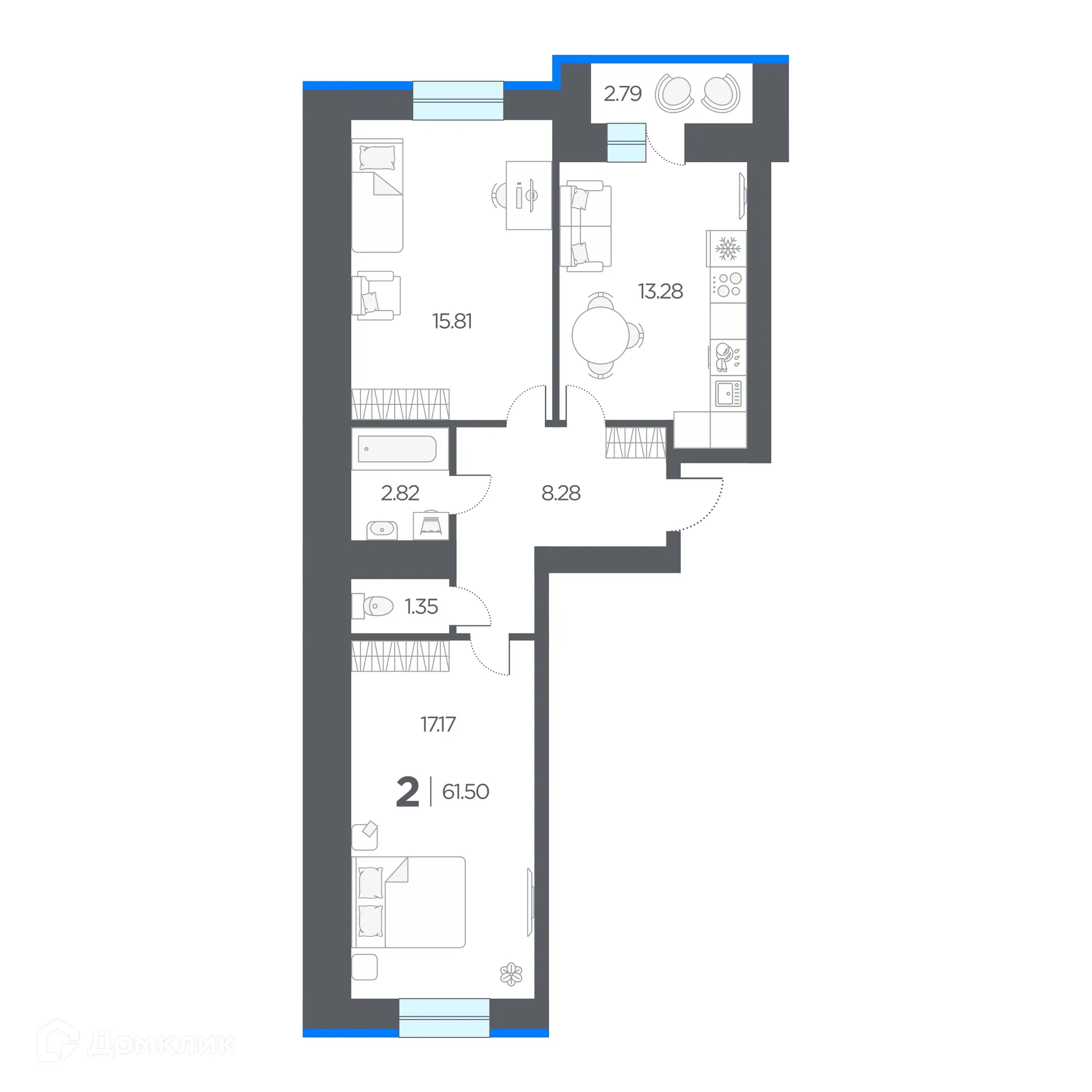 Планировка 2-комнатной квартиры 61.5 м² в ЖК ОГНИ, г. Дядьково — фото 1