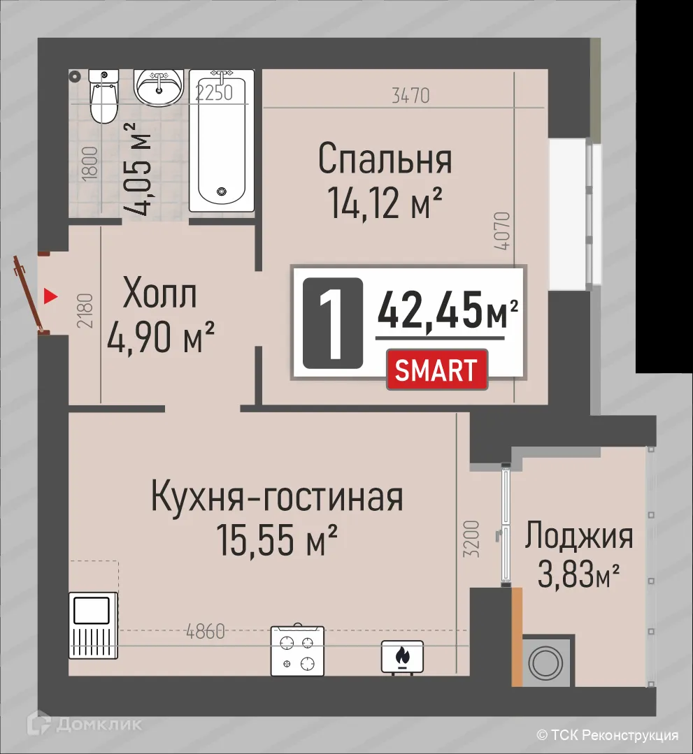 Планировка 1-комнатной квартиры 40.54 м² в ЖК МЕГА-5, г. Рыбное — фото 9