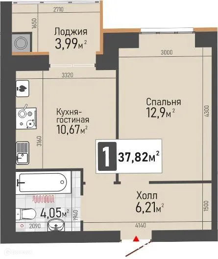 Планировка 1-комнатной квартиры 37.82 м² в ЖК Панорама, г. Рыбное — фото 8