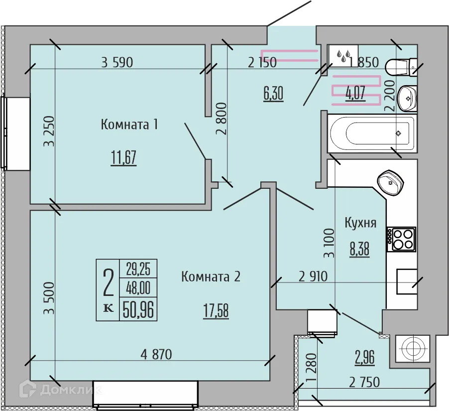 Планировка 2-комнатной квартиры 50.96 м² в ЖК Жилой Комплекс "Аист", г. Рыбное — фото 12