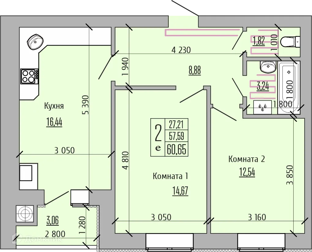 Планировка 2-комнатной квартиры 60.65 м² в ЖК Жилой Комплекс "Аист", г. Рыбное — фото 12