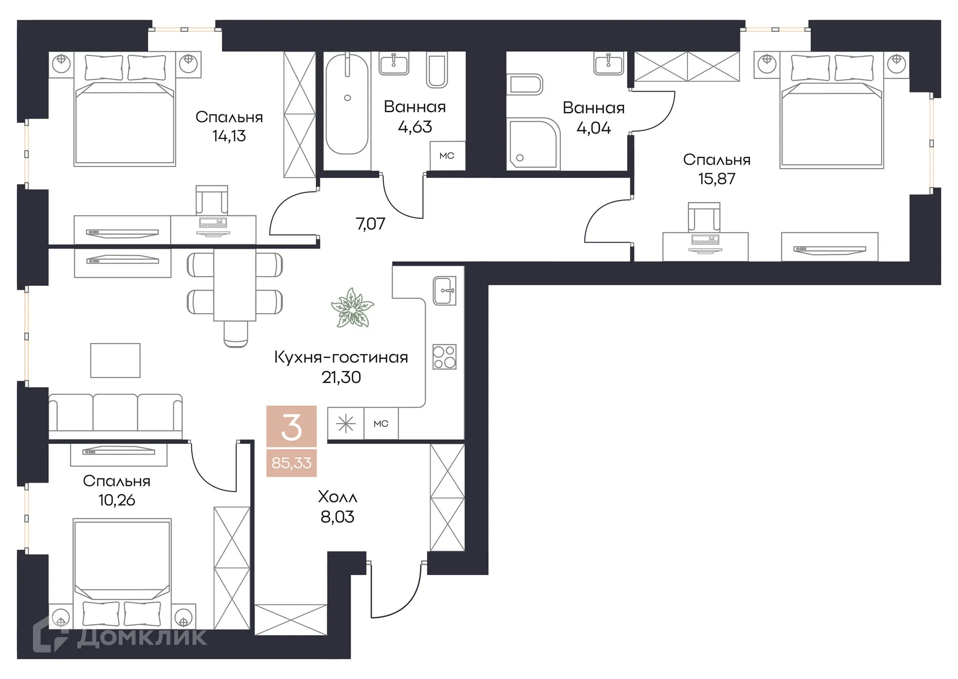 Планировка 3-комнатной квартиры 85.33 м² в ЖК Резиденция Поляна, г. Рязань — фото 3