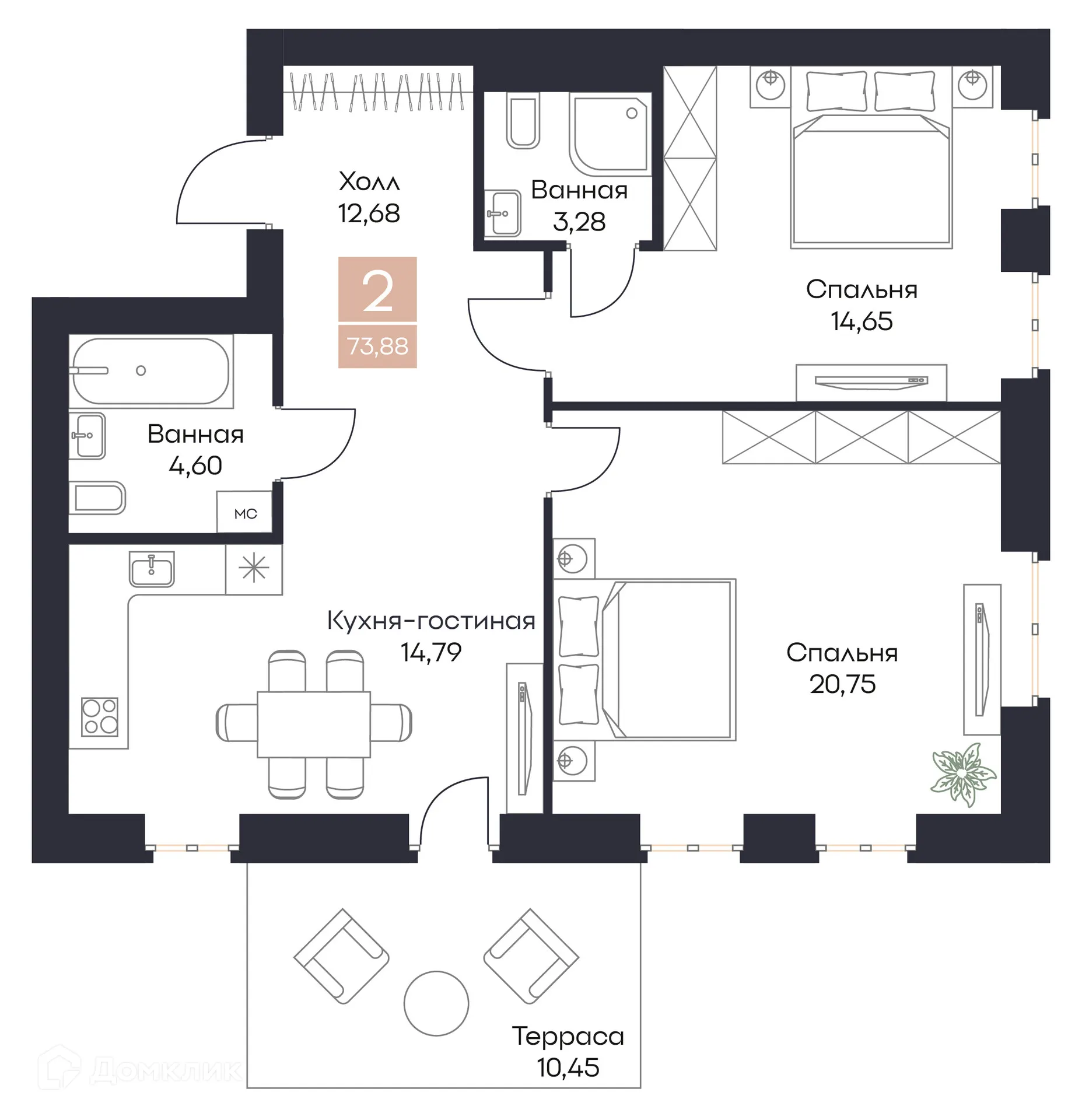 Планировка 2-комнатной квартиры 73.89 м² в ЖК Резиденция Поляна, г. Рязань — фото 11