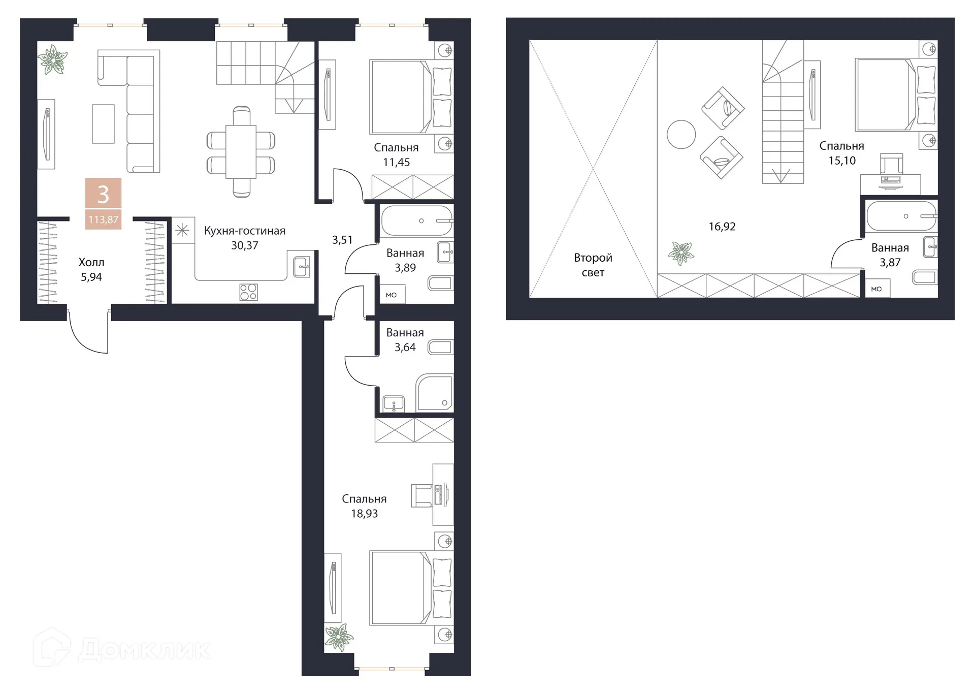 Планировка 3-комнатной квартиры 113.87 м² в ЖК Резиденция Поляна, г. Рязань — фото 13