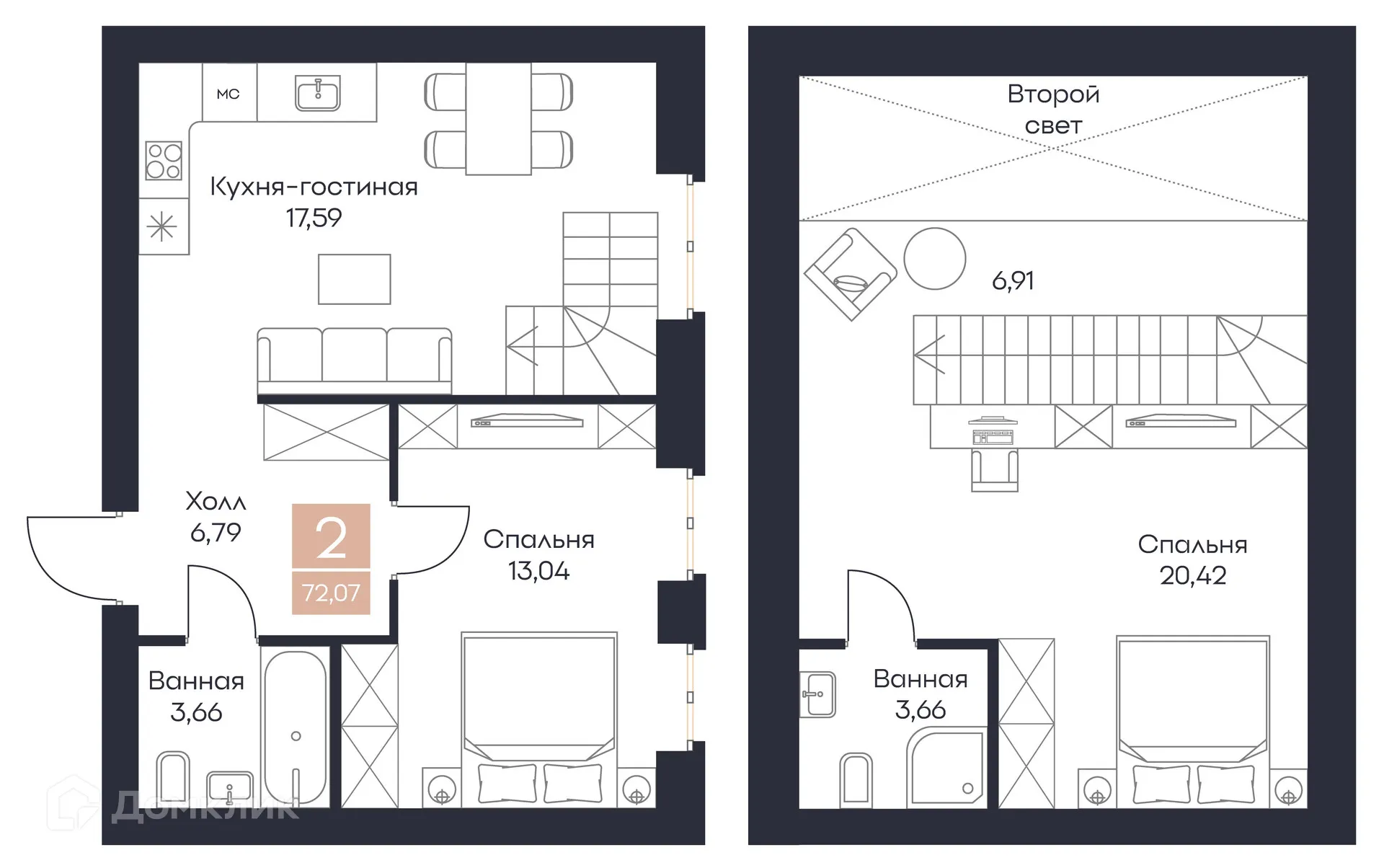 Планировка 2-комнатной квартиры 72.07 м² в ЖК Резиденция Поляна, г. Рязань — фото 13