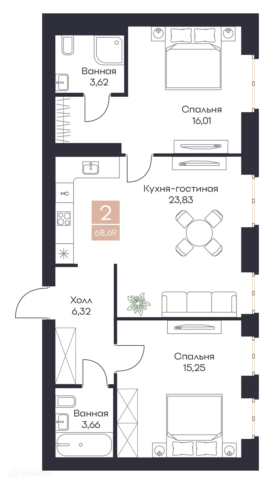 Планировка 2-комнатной квартиры 68.69 м² в ЖК Резиденция Поляна, г. Рязань — фото 9