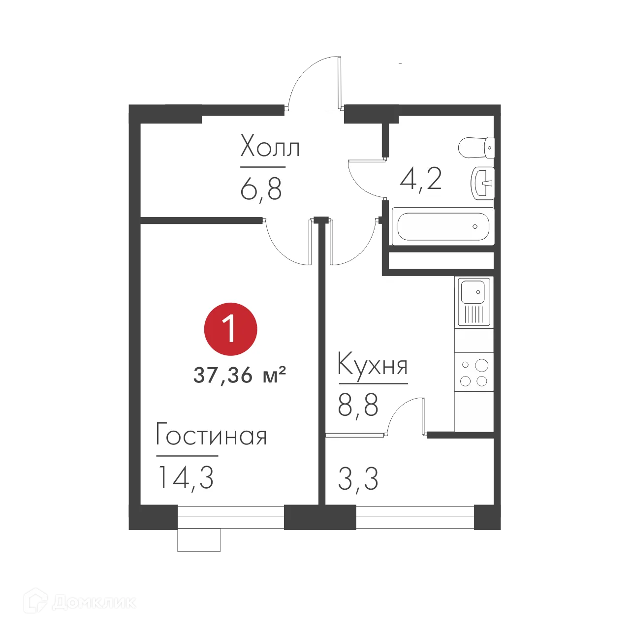 Планировка 1-комнатной квартиры 37.36 м² в ЖК Панова Парк, г. Самара — фото 1