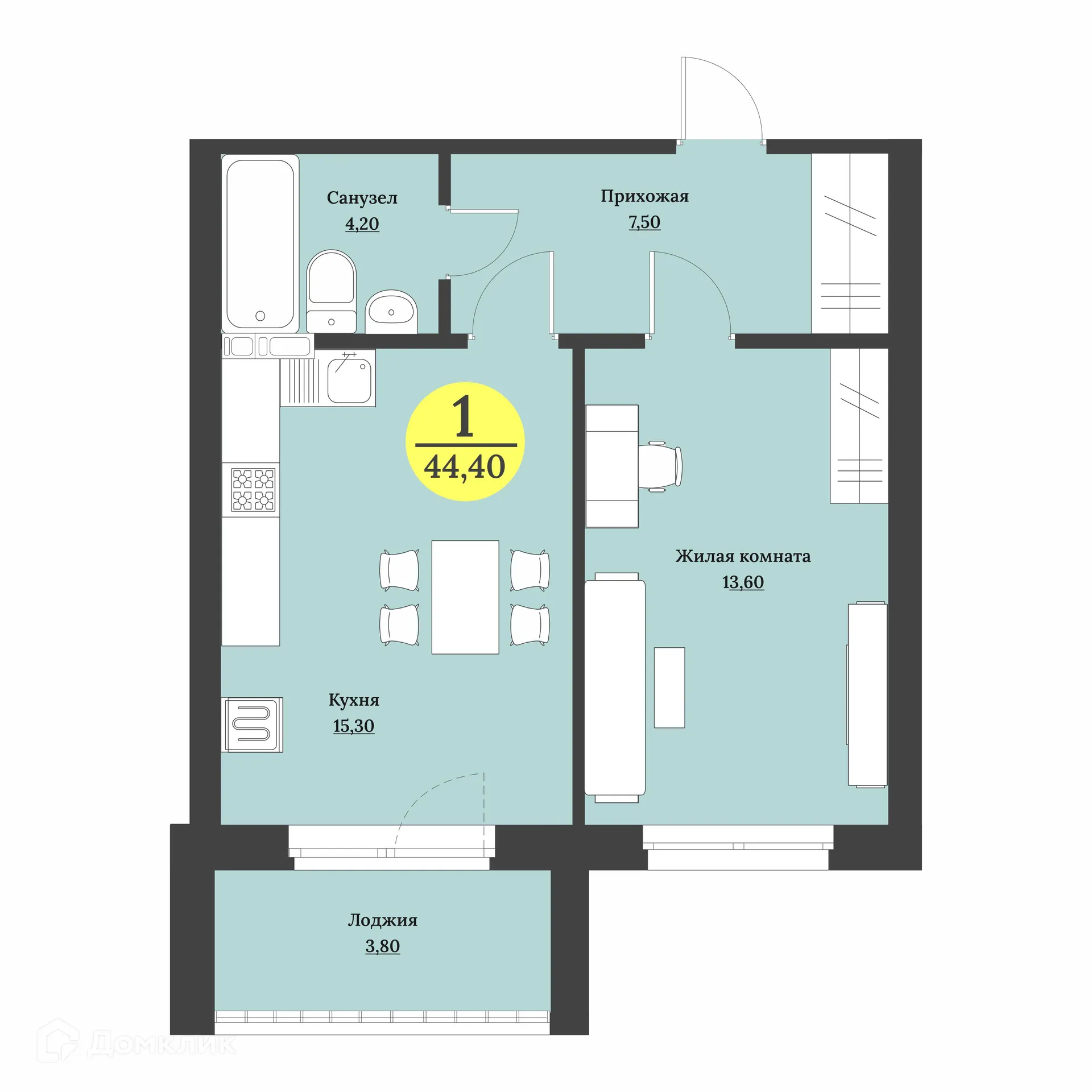 Планировка 1-комнатной квартиры 44.4 м² в ЖК Клубный дом "Лесной", г. Ставрополь — фото 2