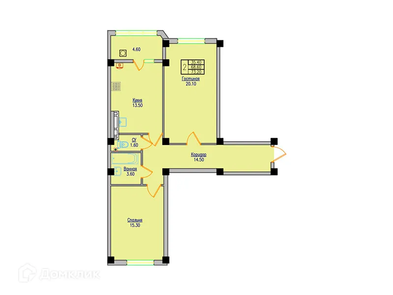 Планировка 2-комнатной квартиры 72.3 м² в ЖК Долина Кислорода О2, г. Ставрополь — фото 1