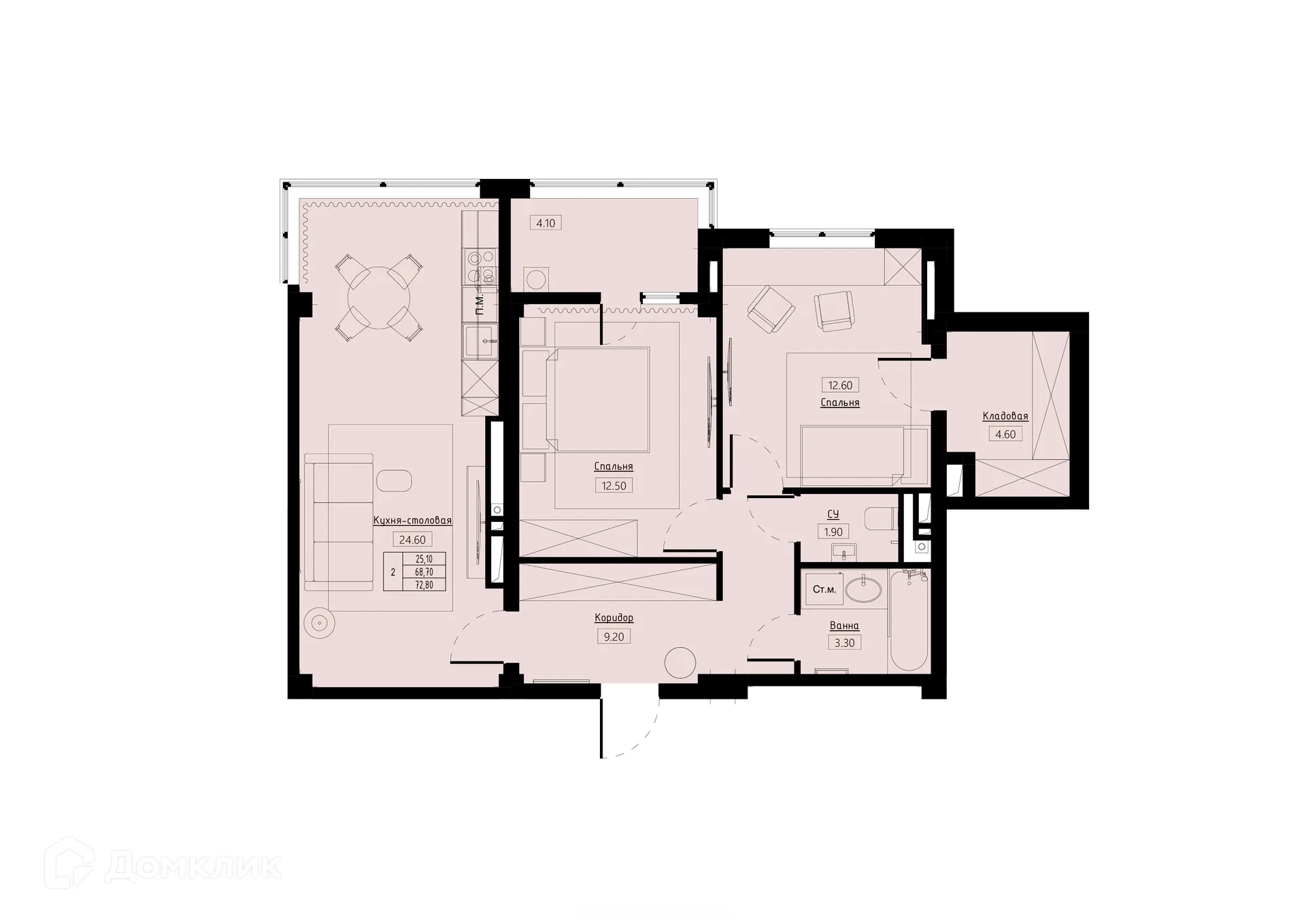 Планировка 2-комнатной квартиры 72.8 м² в ЖК Долина Кислорода О2, г. Ставрополь — фото 1