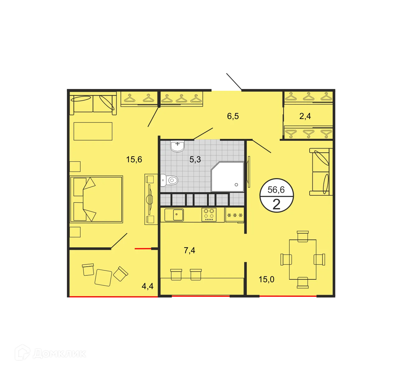 Планировка 2-комнатной квартиры 56.97 м² в ЖК Квартал 204, г. Ставрополь — фото 1