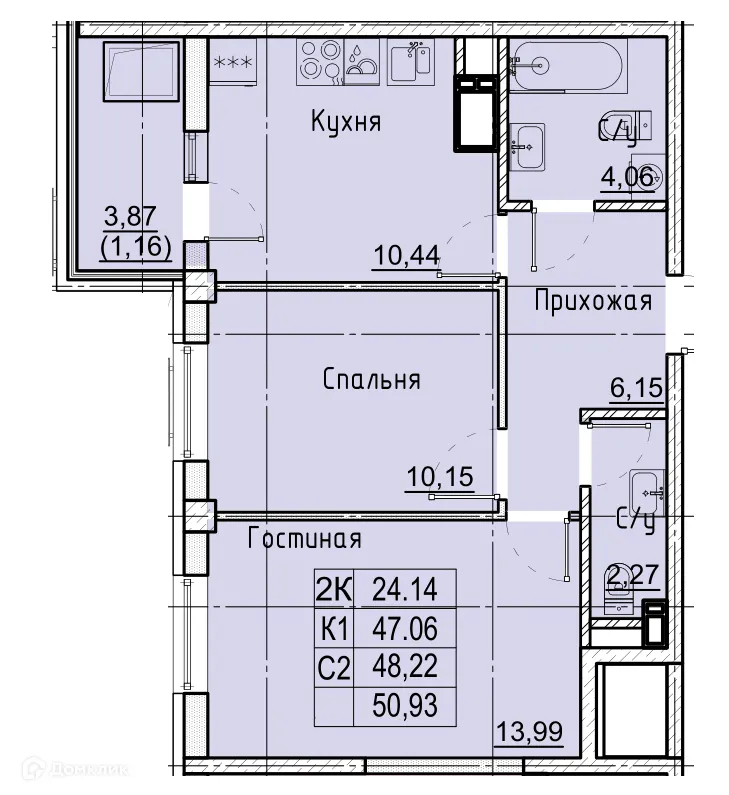Планировка 2-комнатной квартиры 50.93 м² в ЖК ФРУКТОВЫЙ САД, г. Ставрополь — фото 2
