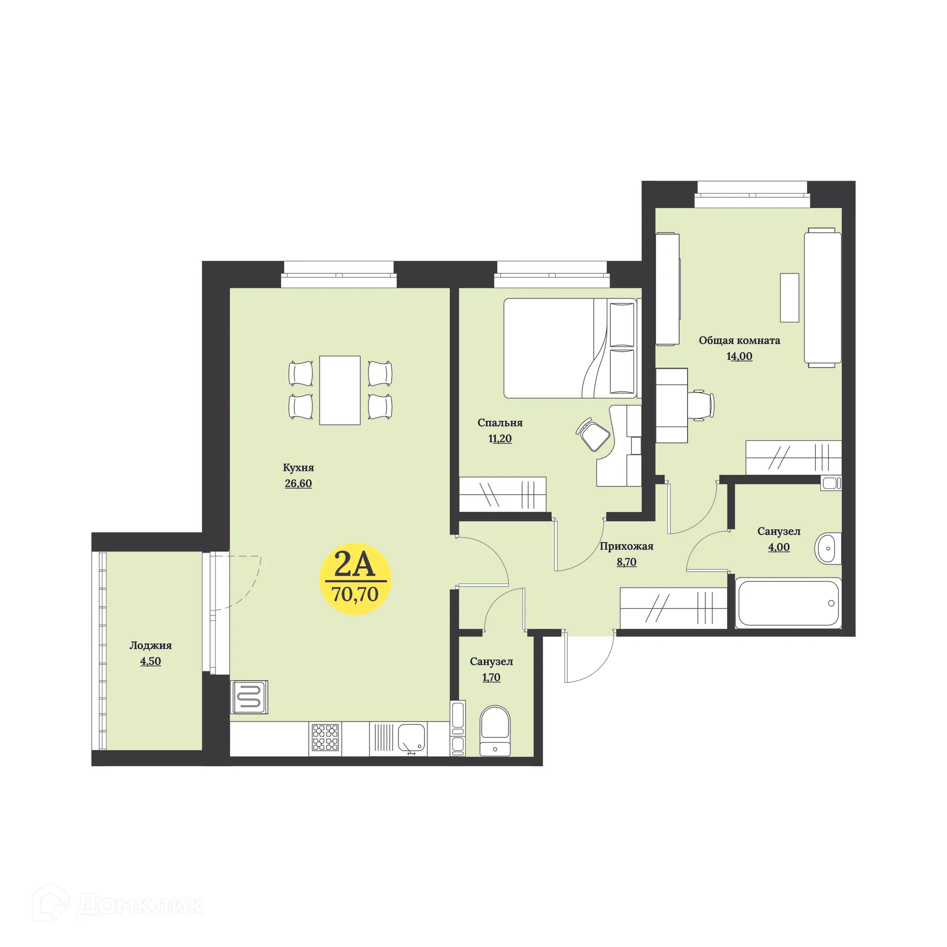 Планировка 2-комнатной квартиры 70.7 м² в ЖК Клубный дом "Лесной", г. Ставрополь — фото 1