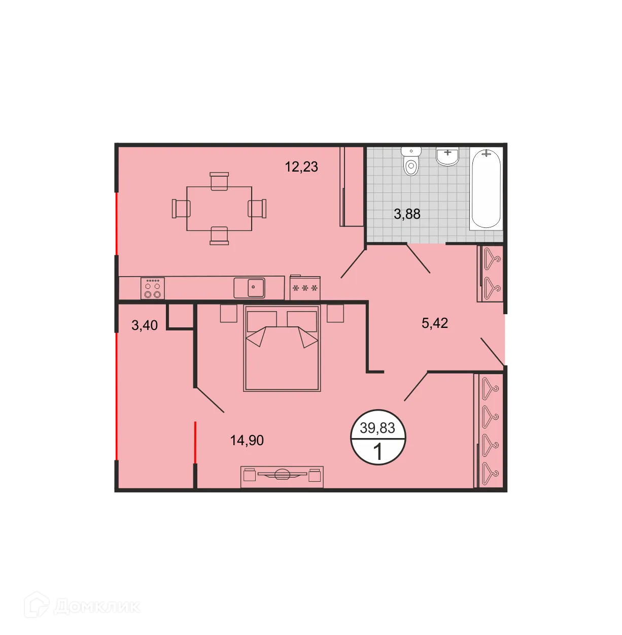 Планировка 1-комнатной квартиры 39.83 м² в ЖК Дыхание, г. Ставрополь — фото 2