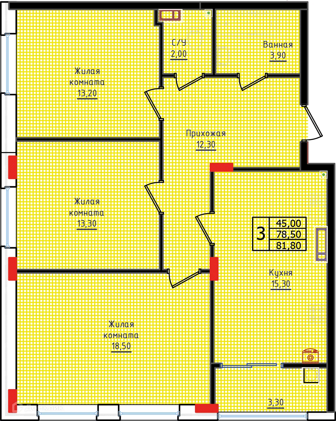 Планировка 3-комнатной квартиры 81.8 м² в ЖК "Суворов", г. Ставрополь — фото 1