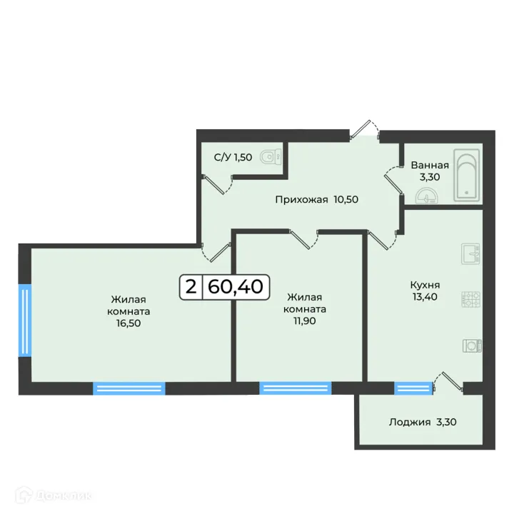 Планировка 2-комнатной квартиры 60.4 м² в ЖК Европейский 5, г. Ставрополь — фото 1