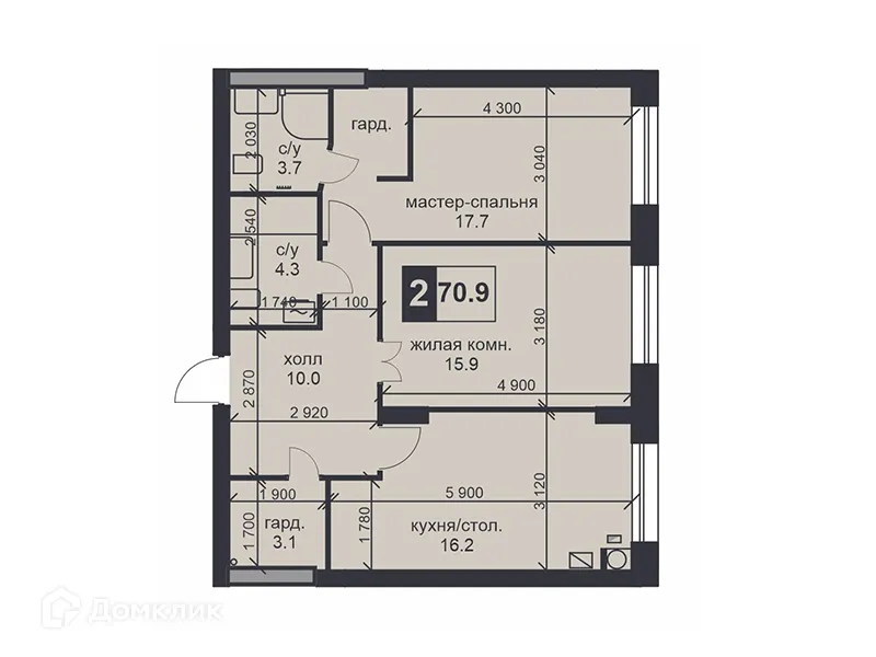 Планировка 2-комнатной квартиры 70.9 м² в ЖК «НАДЕЖДА», г. Ставрополь — фото 1