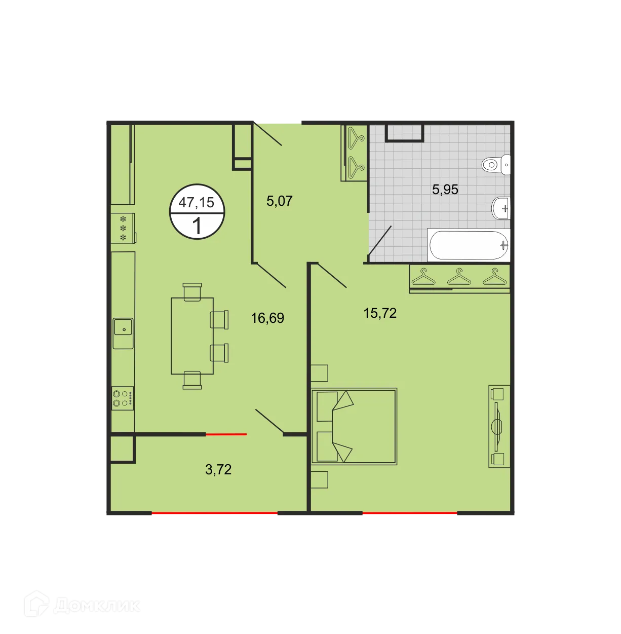 Планировка 1-комнатной квартиры 47.15 м² в ЖК Дыхание, г. Ставрополь — фото 2