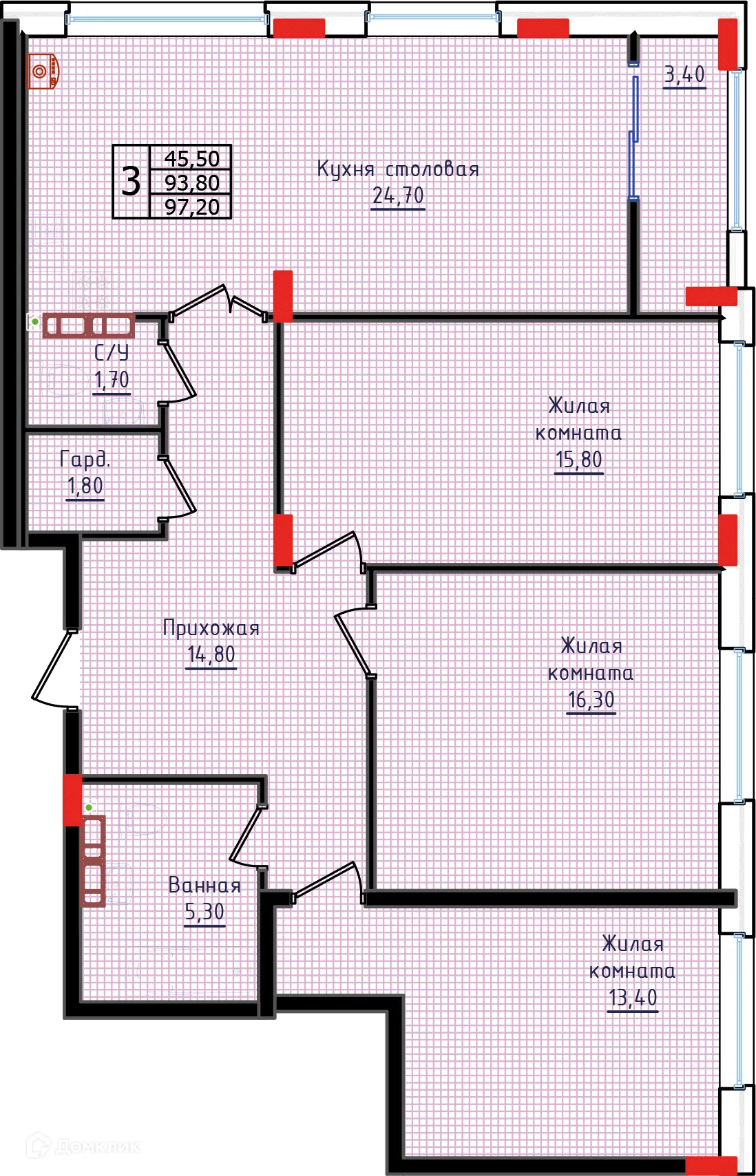 Планировка 3-комнатной квартиры 97.2 м² в ЖК "Суворов", г. Ставрополь — фото 1