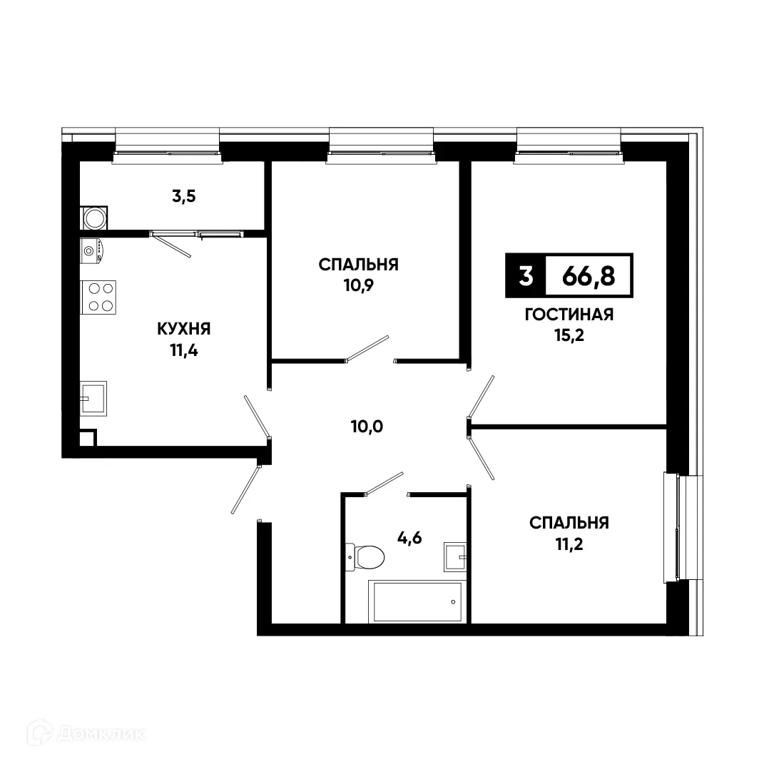Планировка 3-комнатной квартиры 66.8 м² в ЖК Основа, г. Ставрополь — фото 2