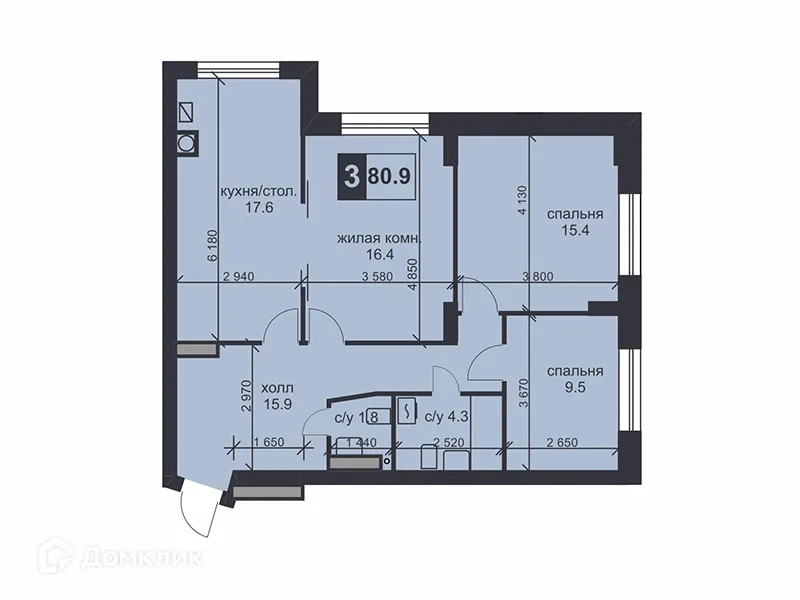 Планировка 3-комнатной квартиры 80.9 м² в ЖК «НАДЕЖДА», г. Ставрополь — фото 1