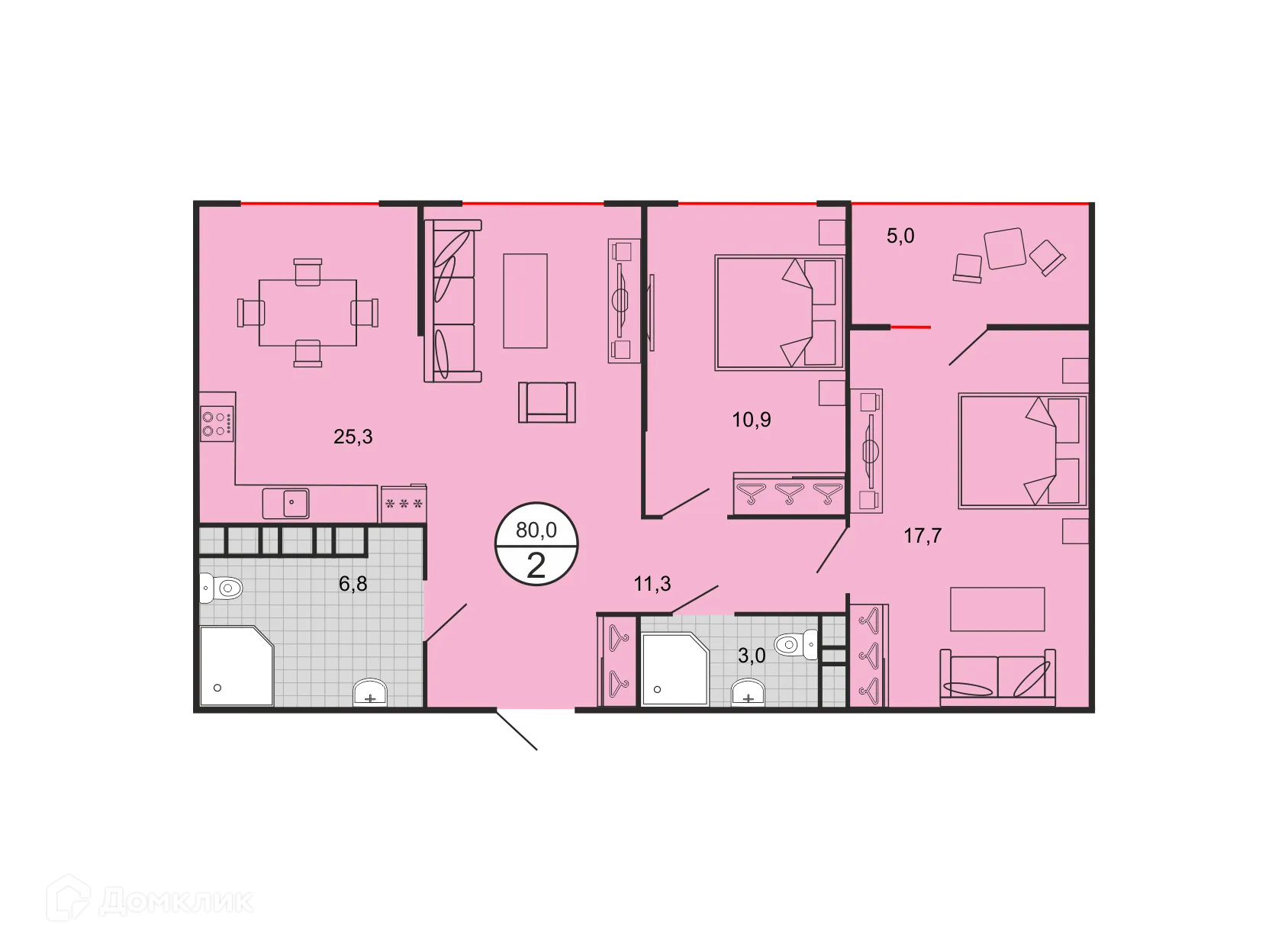 Планировка 2-комнатной квартиры 79.17 м² в ЖК Квартал 204, г. Ставрополь — фото 1