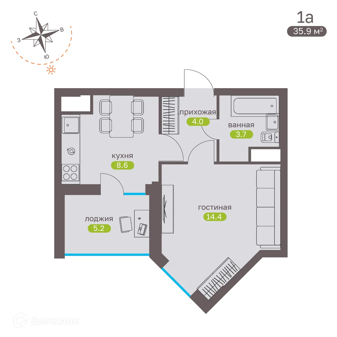 Планировка 1-комнатной квартиры 35.7 м² в ЖК Притяжение, г. Ставрополь — фото 4
