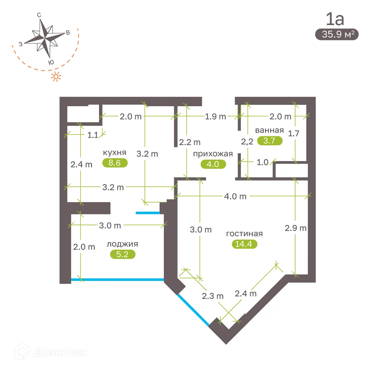 Планировка 1-комнатной квартиры 35.7 м² в ЖК Притяжение, г. Ставрополь — фото 5