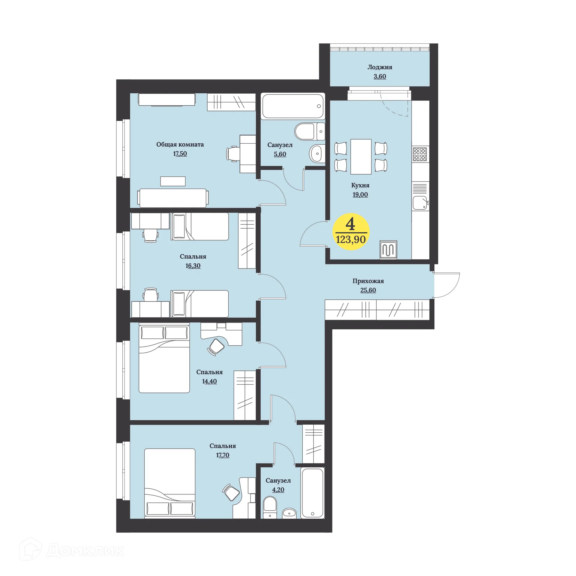 Планировка 4-комнатной квартиры 123.9 м² в ЖК Клубный дом "Лесной", г. Ставрополь — фото 2