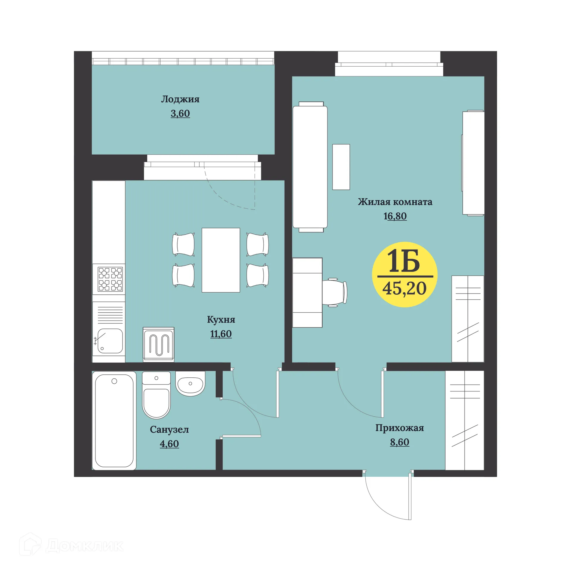 Планировка 1-комнатной квартиры 45.2 м² в ЖК Клубный дом "Лесной", г. Ставрополь — фото 1