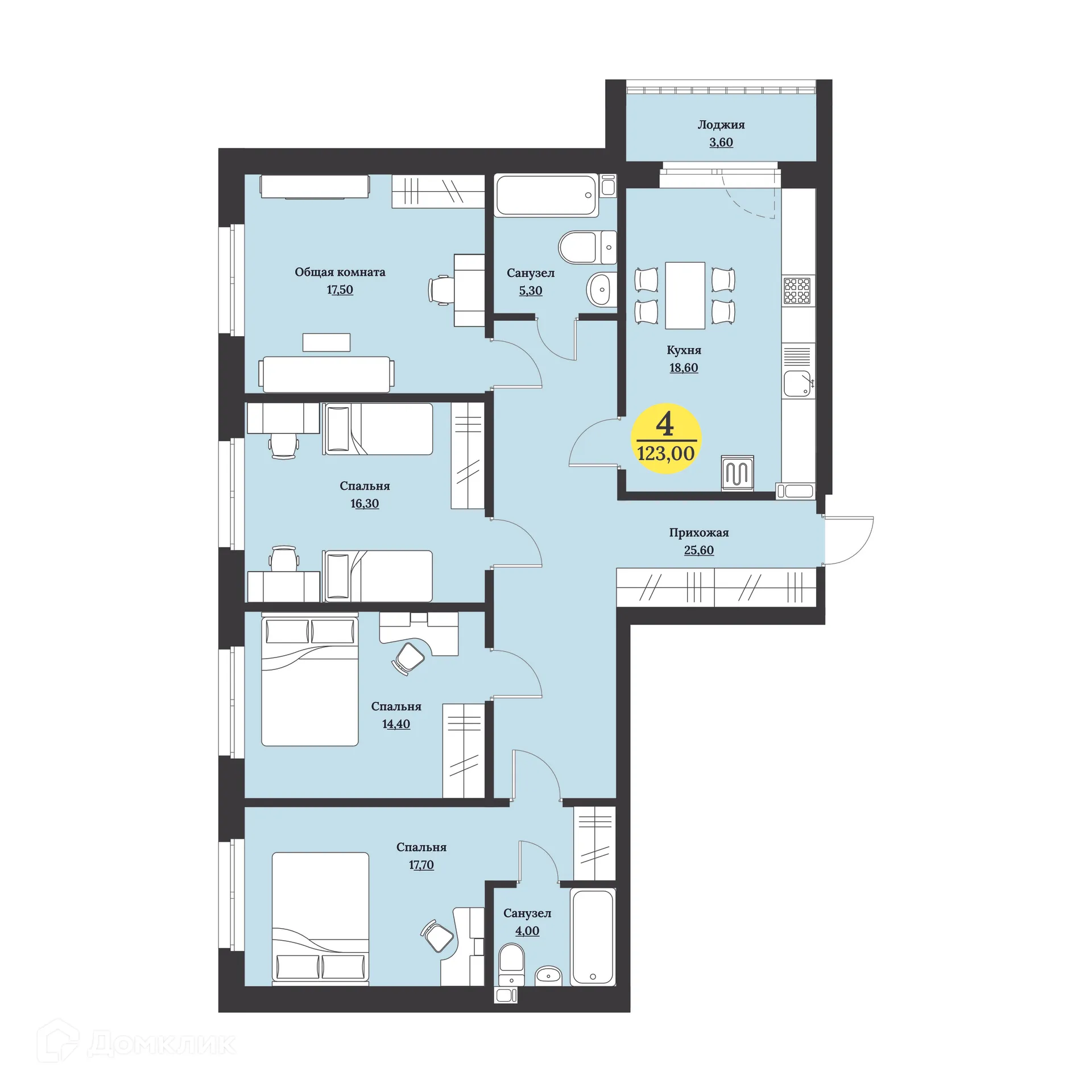 Планировка 4-комнатной квартиры 123 м² в ЖК Клубный дом "Лесной", г. Ставрополь — фото 2