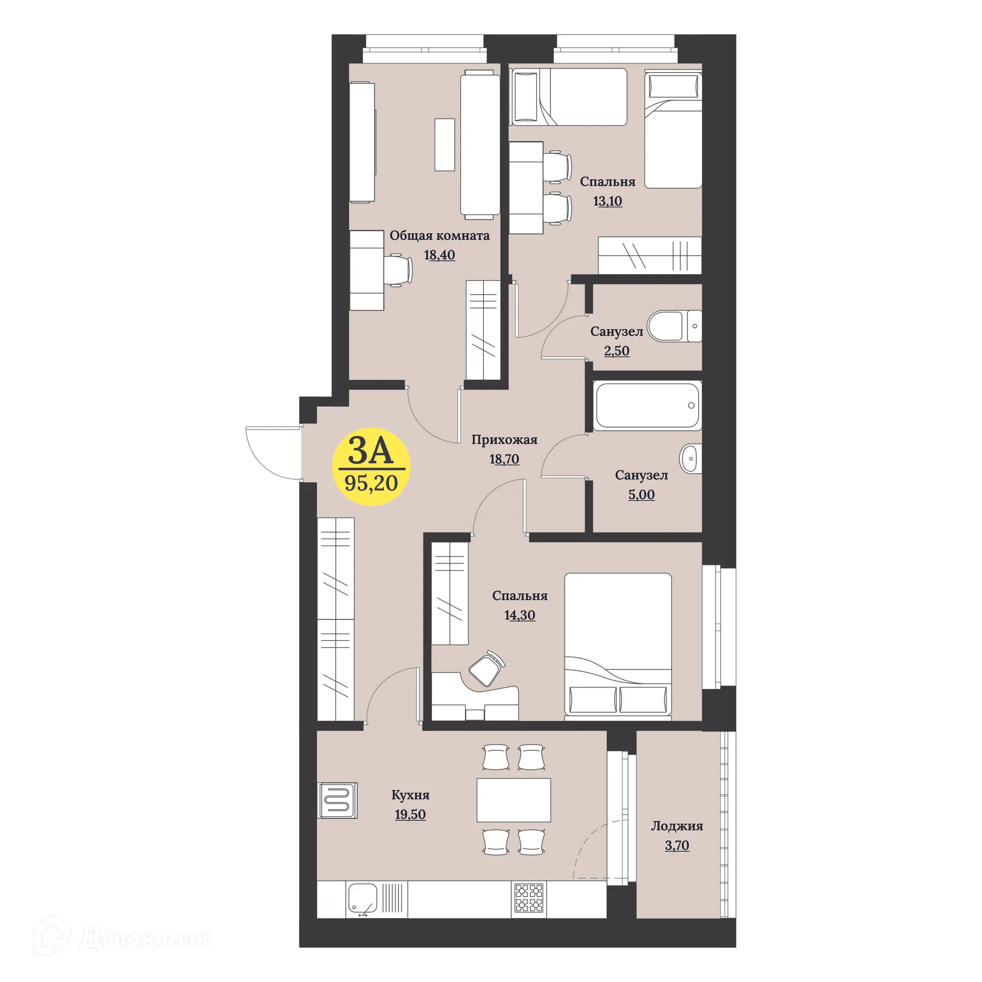 Планировка 3-комнатной квартиры 95.2 м² в ЖК Клубный дом "Лесной", г. Ставрополь — фото 2