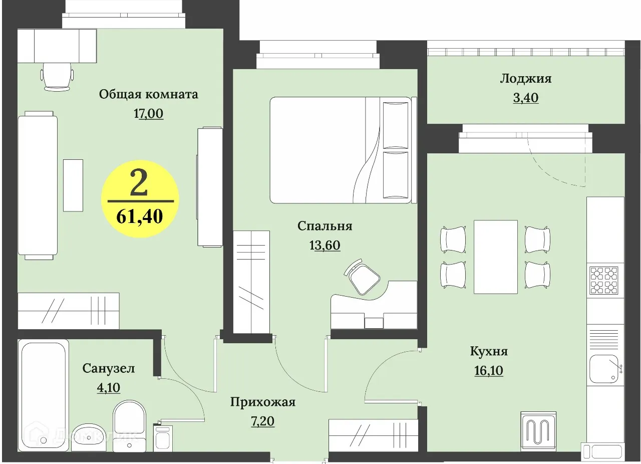 Планировка 2-комнатной квартиры 61.4 м² в ЖК Клубный дом "Лесной", г. Ставрополь — фото 1