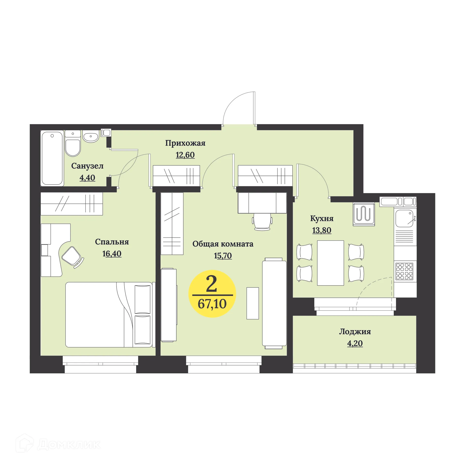 Планировка 2-комнатной квартиры 67.1 м² в ЖК Клубный дом "Лесной", г. Ставрополь — фото 1