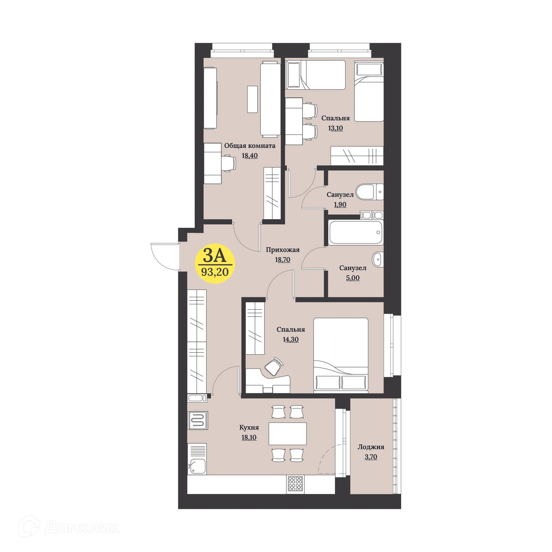 Планировка 3-комнатной квартиры 93.2 м² в ЖК Клубный дом "Лесной", г. Ставрополь — фото 1