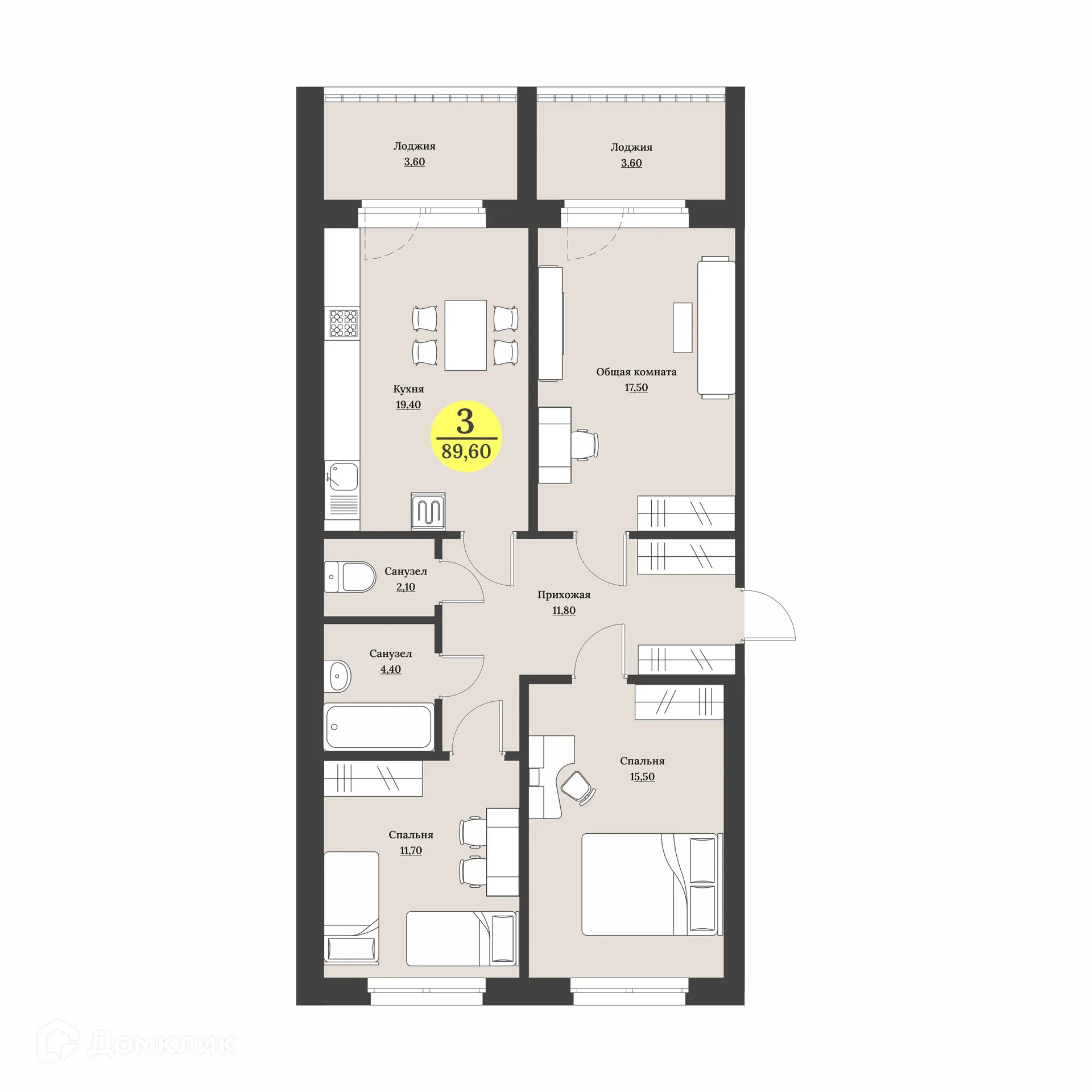 Планировка 3-комнатной квартиры 89.6 м² в ЖК Клубный дом "Лесной", г. Ставрополь — фото 1