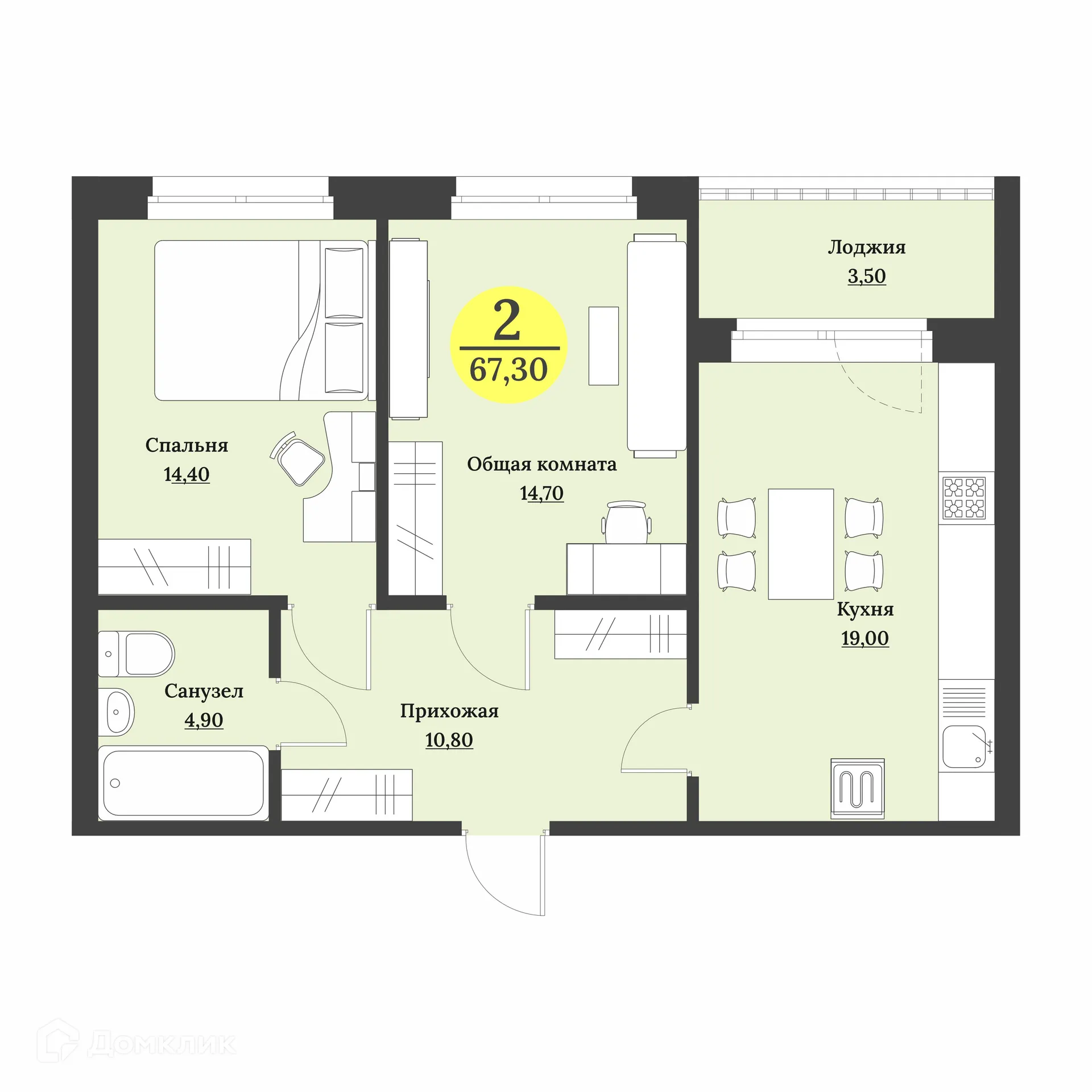 Планировка 2-комнатной квартиры 67.3 м² в ЖК Клубный дом "Лесной", г. Ставрополь — фото 1