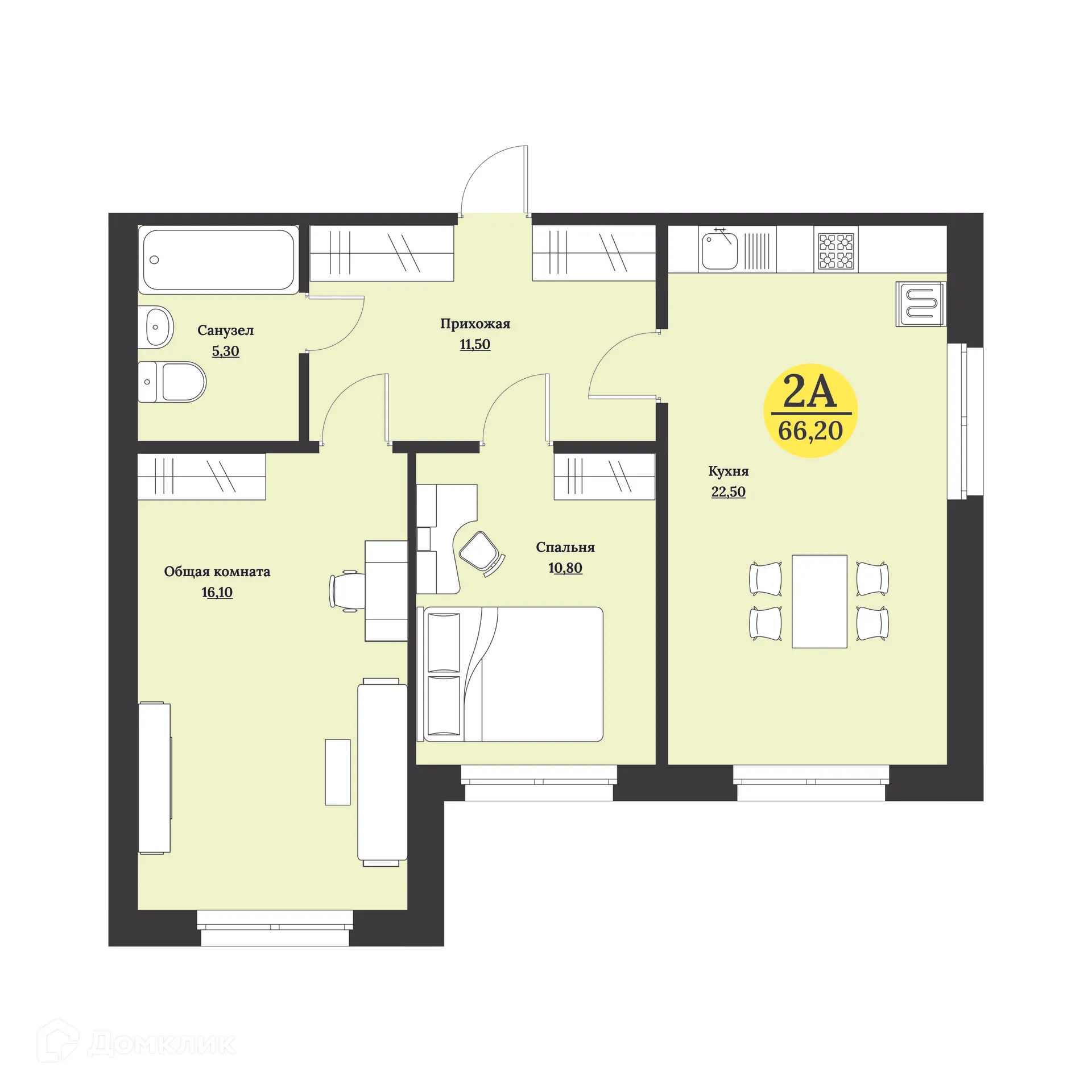 Планировка 2-комнатной квартиры 66.2 м² в ЖК Клубный дом "Лесной", г. Ставрополь — фото 1