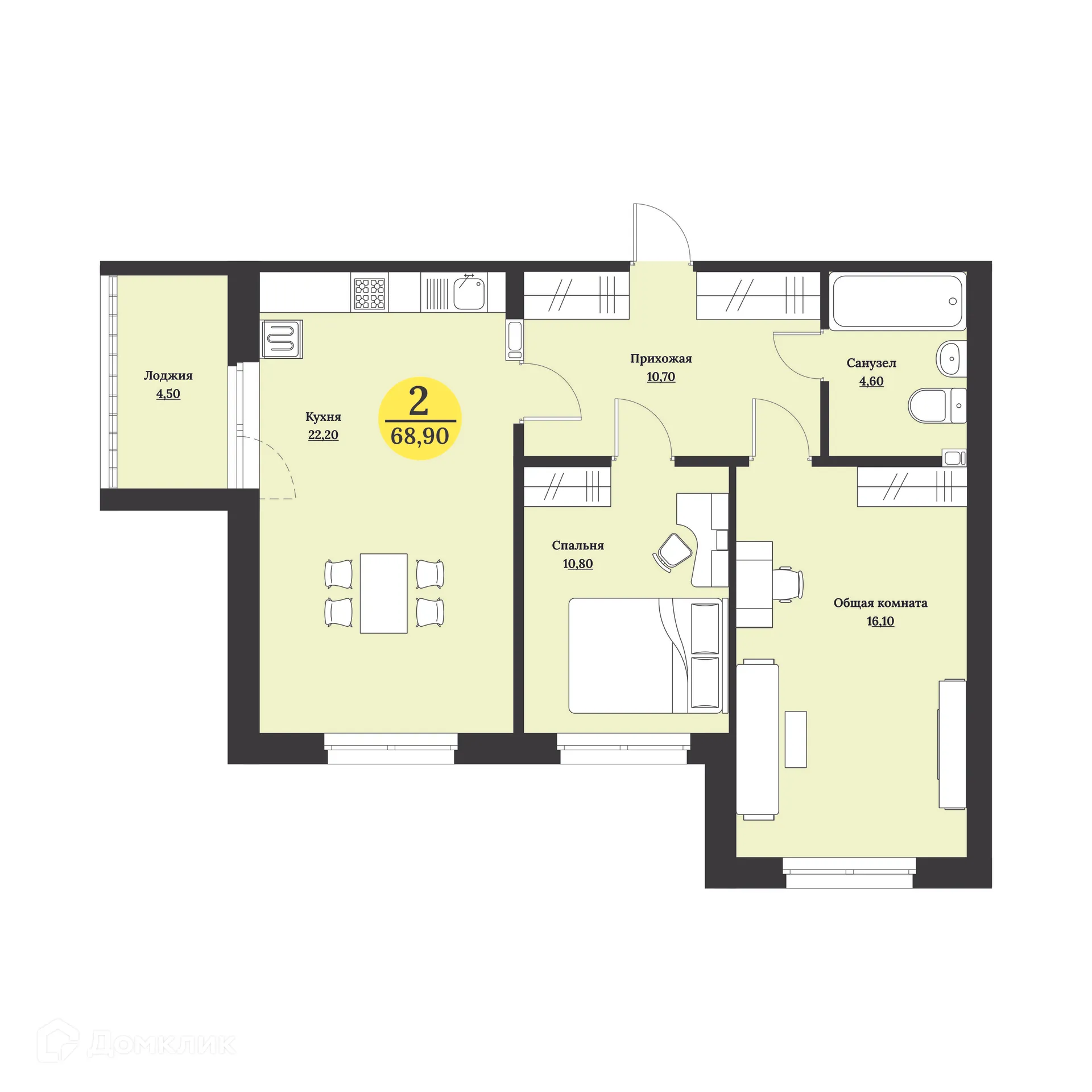 Планировка 2-комнатной квартиры 68.9 м² в ЖК Клубный дом "Лесной", г. Ставрополь — фото 1
