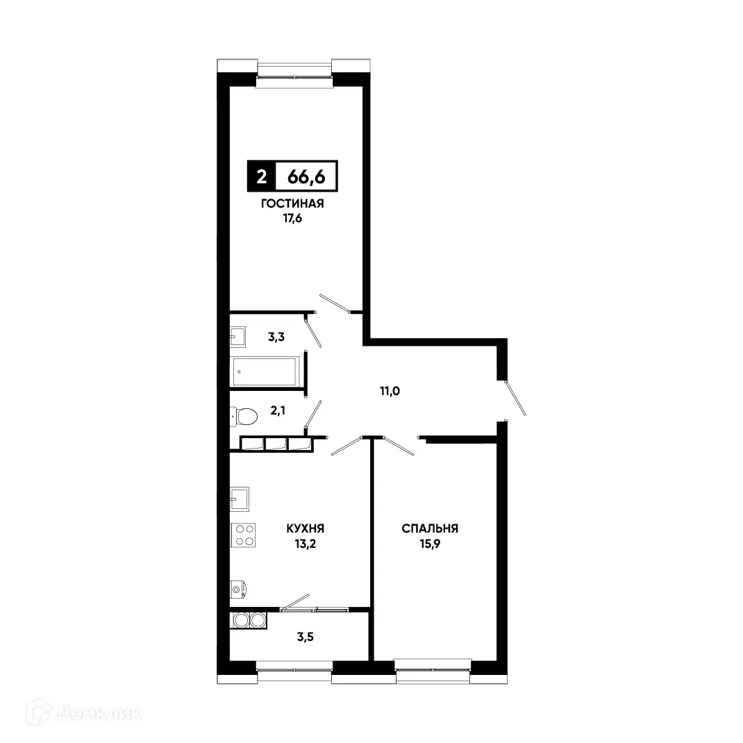 Планировка 2-комнатной квартиры 66.6 м² в ЖК Основа, г. Ставрополь — фото 1