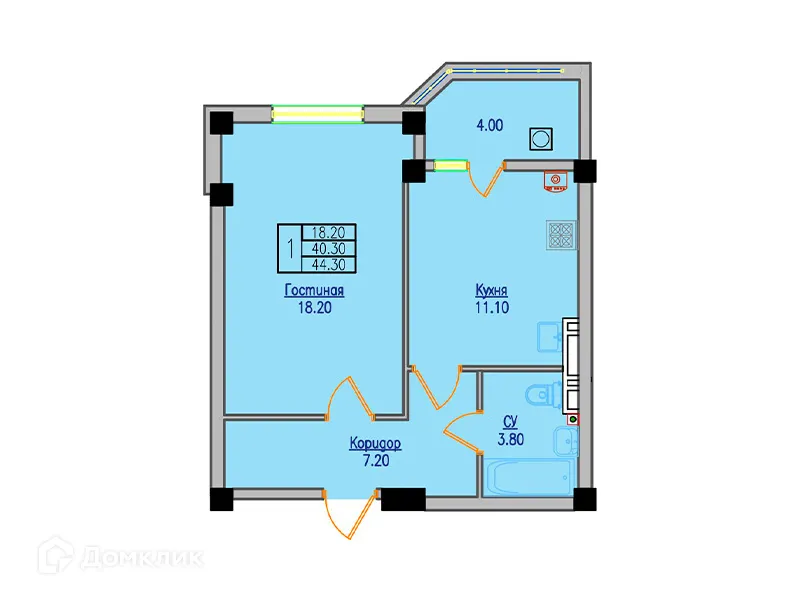 Планировка 1-комнатной квартиры 43.4 м² в ЖК Долина Кислорода О2, г. Ставрополь — фото 1