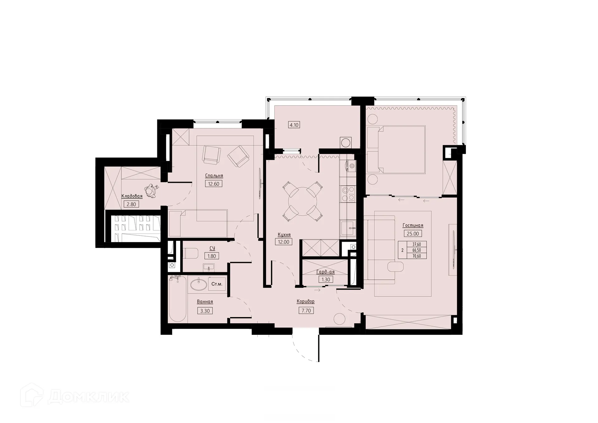 Планировка 2-комнатной квартиры 70.6 м² в ЖК Долина Кислорода О2, г. Ставрополь — фото 1