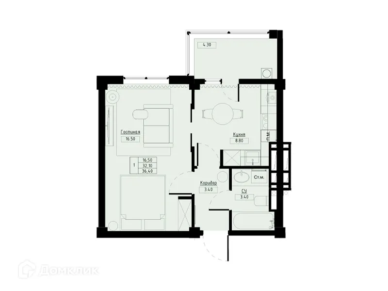 Планировка 1-комнатной квартиры 36.4 м² в ЖК Долина Кислорода О2, г. Ставрополь — фото 1